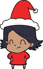 hand drawn line drawing of a friendly girl wearing santa hat