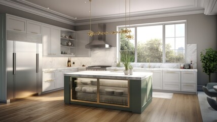 Modern spacious kitchen American European classic. A trendy combination of white and pistachio colors, white marble countertops, a large kitchen island with shelves for tableware. Generative AI