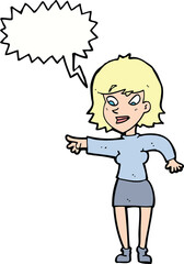 cartoon woman pointing with speech bubble