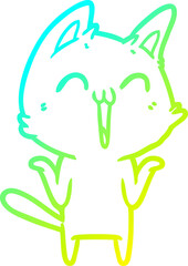 cold gradient line drawing of a happy cartoon cat