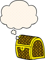 cartoon treasure chest with thought bubble in comic book style