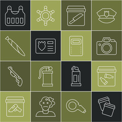 Set line Plastic bag with ziplock, Evidence bullet, Photo camera, knife, Police badge case, Marijuana joint, Bulletproof vest and assault shield icon. Vector