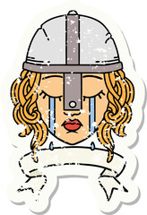 Retro Tattoo Style crying human fighter character with banner