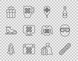Set line Christmas tree, Snowboard, Balloons with snowflake, Calendar, Gift box, Snowflake speech bubble, Santa Claus bag gift and Ski goggles icon. Vector