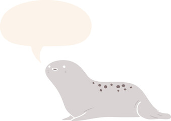 cute cartoon seal with speech bubble in retro style