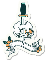tattoo style sticker with banner of a skull