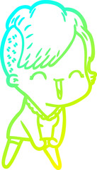 cold gradient line drawing of a cartoon happy hipster girl