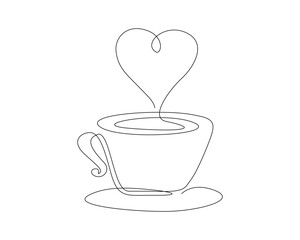 Continuous one line drawing of a cup coffee with love steam. A cup of coffee line art vector illustration. coffee lover concept.  Editable stroke.