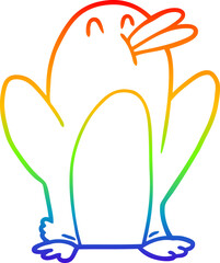 rainbow gradient line drawing of a cartoon penguin