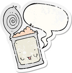 cartoon canned food with speech bubble distressed distressed old sticker