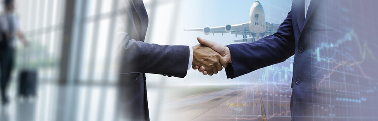 Double exposure businessman wearing suit handshake show best cooperation in business and airplane...