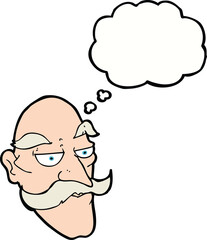cartoon old man face with thought bubble