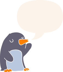 cartoon penguin with speech bubble in retro style