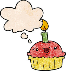 cartoon cupcake with candle with thought bubble in grunge texture style