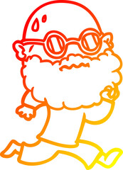 warm gradient line drawing of a cartoon running man with beard and sunglasses sweating