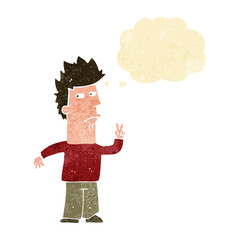 cartoon man giving peace sign with thought bubble