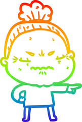 rainbow gradient line drawing of a cartoon annoyed old lady