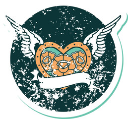 iconic distressed sticker tattoo style image of a flying heart with flowers and banner