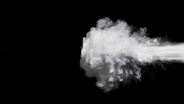 Puffs of white smoke collide from two sides on a black background. 3d illustration.
