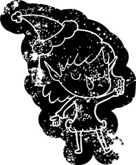 quirky cartoon distressed icon of a elf girl wearing santa hat