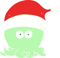 flat color style cartoon octopus wearing christmas hat