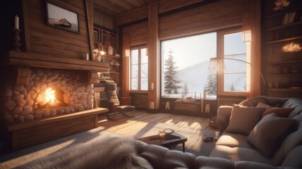 Cozy living room in an Alpine chalet. Rustic wooden furniture, a burning fireplace, a soft fluffy carpet, large panoramic windows with stunning winter mountain views. Generative AI