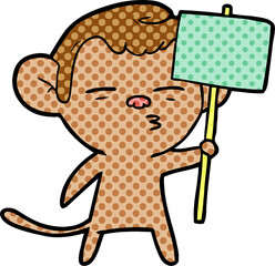 cartoon suspicious monkey with signpost