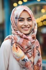 Portrait of a beautiful south east asian muslim woman wearing hijab and smiling