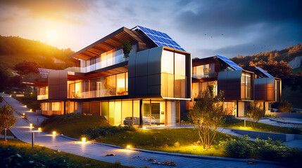 Modern eco-friendly multifamily homes with photovoltaic cells.AI generativ
