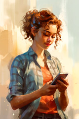 Graphic representation of an attractive woman with a smartphone in her hand. AI generativ.