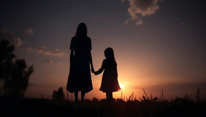 Fototapeta na wymiar Silhouette of a mother and daughter watch the sunset in the desert field. Generative AI
