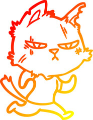 warm gradient line drawing of a tough cartoon cat running
