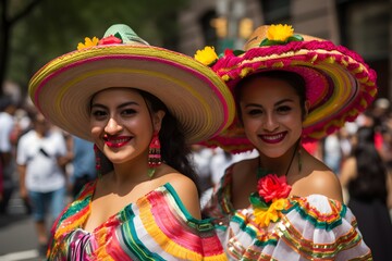 Two Mexican women wearing traditional sombrero and mexican poncho