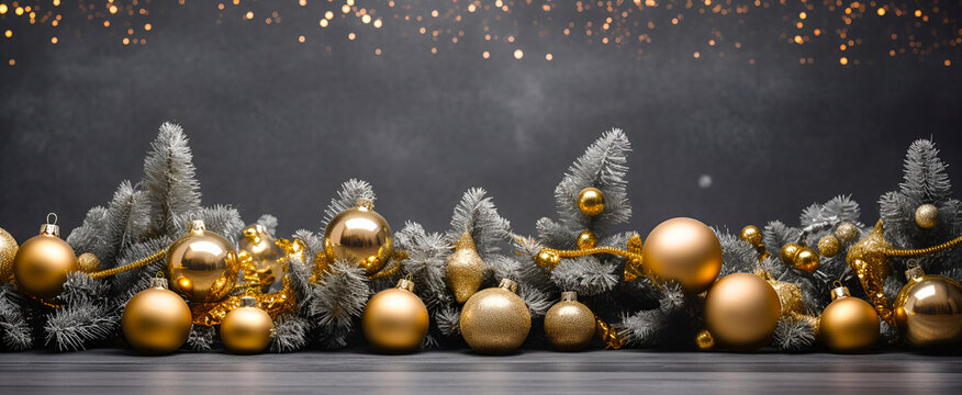 Christmas tree branches decorated with gold and blue toys on a gray background, banner, Christmas card. Generative AI