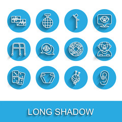 Set line Domino, Adult diaper, Monitor with cardiogram, Yarn ball knitting needles, Hearing aid, Grandmother, Grandfather and Vitamin pill icon. Vector