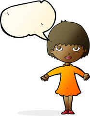 cartoon woman in dress with speech bubble
