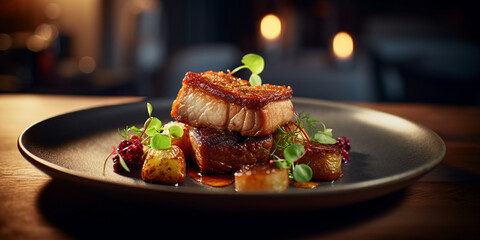 Herzhafter Schweine Krustenbraten sch&ouml;n dekoriert Nahaufnahme, ai generativ, 