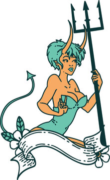 iconic tattoo style image of a pinup devil girl with banner