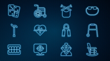 Set line Rocking chair, Walker, Knitting, Heart rate, Walking stick cane, Domino, Sport expander and Wheelchair icon. Vector