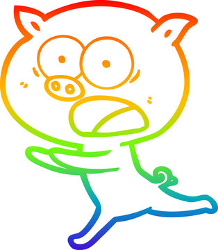 recommend clip art: rainbow gradient line drawing of a cartoon pig running