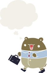 cute cartoon business bear with thought bubble in retro style