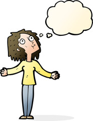 cartoon curious woman looking upwards with thought bubble