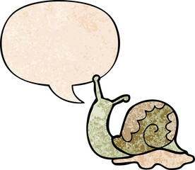 cartoon snail with speech bubble in retro texture style