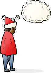 cartoon person in winter clothes with thought bubble