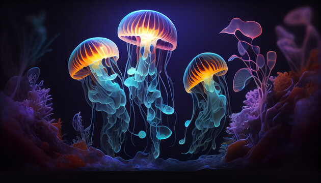 Glowing sea jellyfishes on dark background Ai generated image