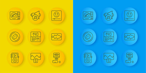 Set line Music player, Vinyl disk, Bitrate, recording studio, wave equalizer, with vinyl, and Speaker volume icon. Vector