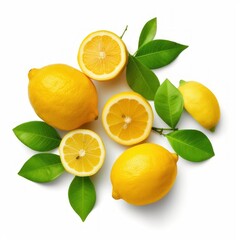 Fresh organic yellow lemon fruit with slice and green leaves. Generative AI