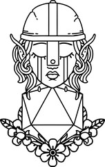 Black and White Tattoo linework Style sad elf fighter character with natural one d20 roll