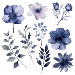 Set of deep black floral watecolor. Flower black, black leaves. Floral poster, invitation floral. Vector arrangements for greeting card or invitation design	