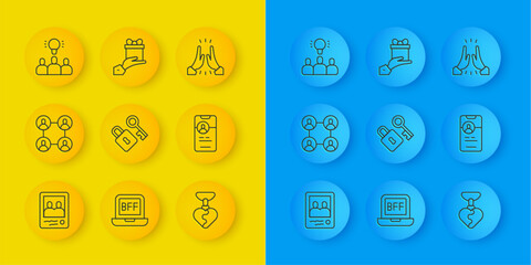 Set line Family photo, BFF or best friends forever, Lock with key, Necklace heart shaped, Dating app online, Project team base, Informal greeting and Give gift icon. Vector